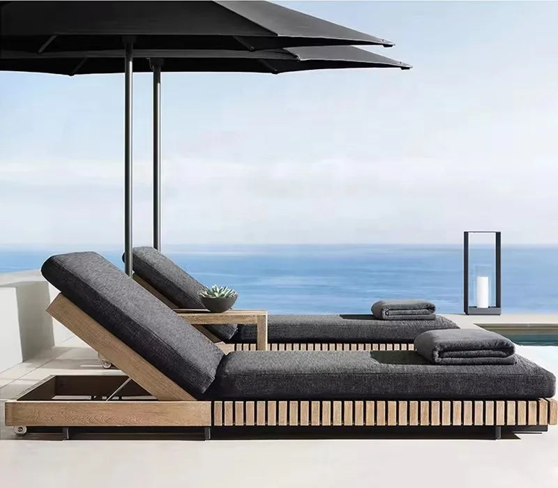 No-EN-Name-Null Outdoor Gray Soft Fabric Cushions Solid Brown Teak Wood Base Aluminum Frame Patio Sofa Sectional-Rectangle Shaped Coffee Table-Chairs-Ottoman Sets/Colors-Brown/Black/Gray/White/Silver/Multicolor