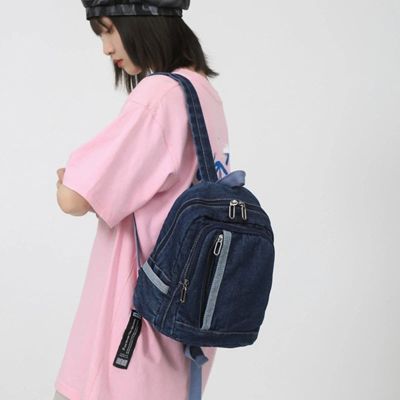 BAELLERRY Light Blue-Deep Blue Denim Jeans Fabric External Metal Zippers-Pockets Canvas Lining One Handle-Two Adjustable Shoulder Straps Large Main Compartment School Backpacks/Water Bottle Holder