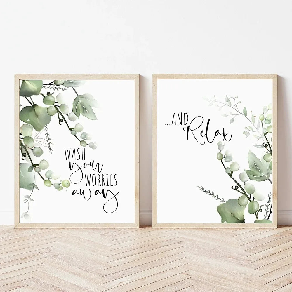 No-EN-Name-Null Modern Waterproof Customized Size Unframed Rectangle HD Hand Printed Green Tropical Leaves Design Black Letter Writing Saying-Wash Your Worries Away-Relax-Bathroom Quote Wall Art Prints/Colors-Green/White/Multicolor/Floral