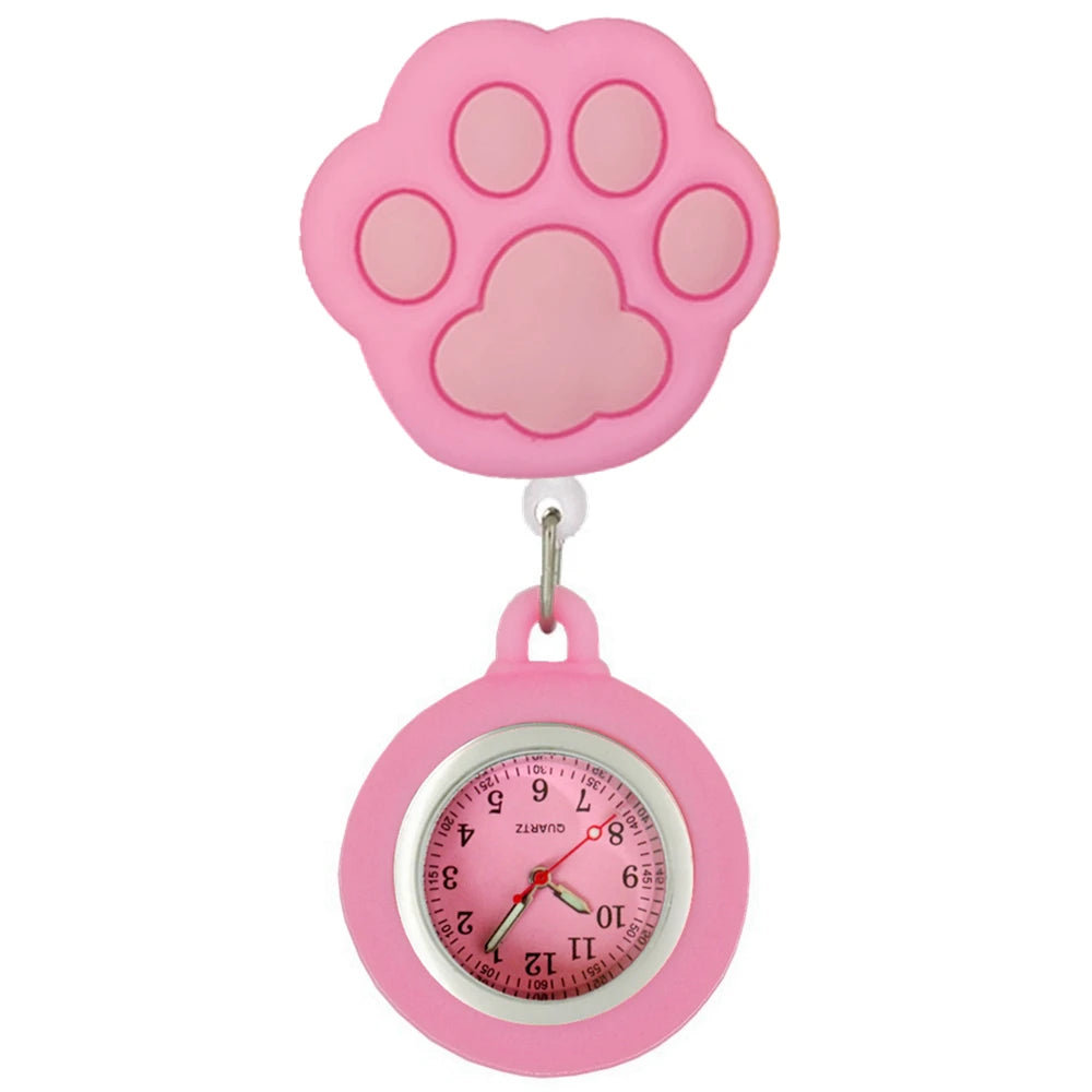 No-EN-Name-Null Adults Waterproof Cartoon Pink Big Cat Paw Metal Alloy Case Arabic Numeral Analog Display Clip-On Nurses-Doctors Fob Hanging Pocket Watches/Colors-White-Black Cat Heads/Yellow-Black-Pink Paws