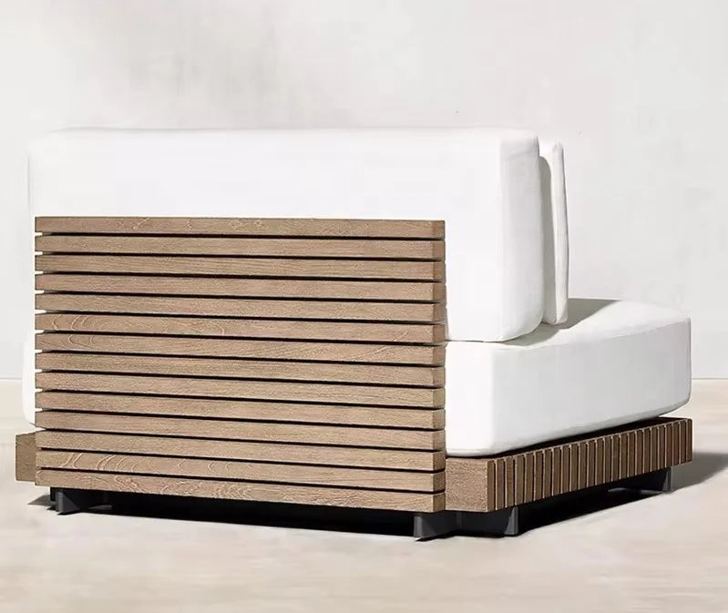 No-EN-Name-Null Outdoor Gray Soft Fabric Cushions Solid Brown Teak Wood Base Aluminum Frame Patio Sofa Sectional-Rectangle Shaped Coffee Table-Chairs-Ottoman Sets/Colors-Brown/Black/Gray/White/Silver/Multicolor