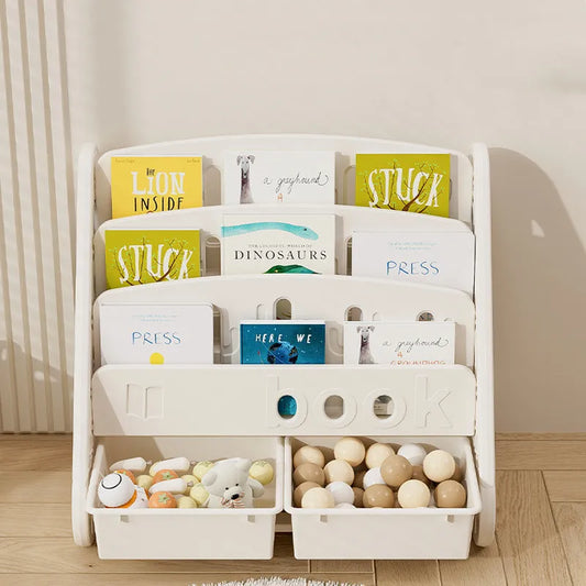 No-EN-Name-Null Modern Kids Free-Standing White-Clear-Beige Two Storage Bins Plastic 3-Tier Rack Bookcases-Shelves