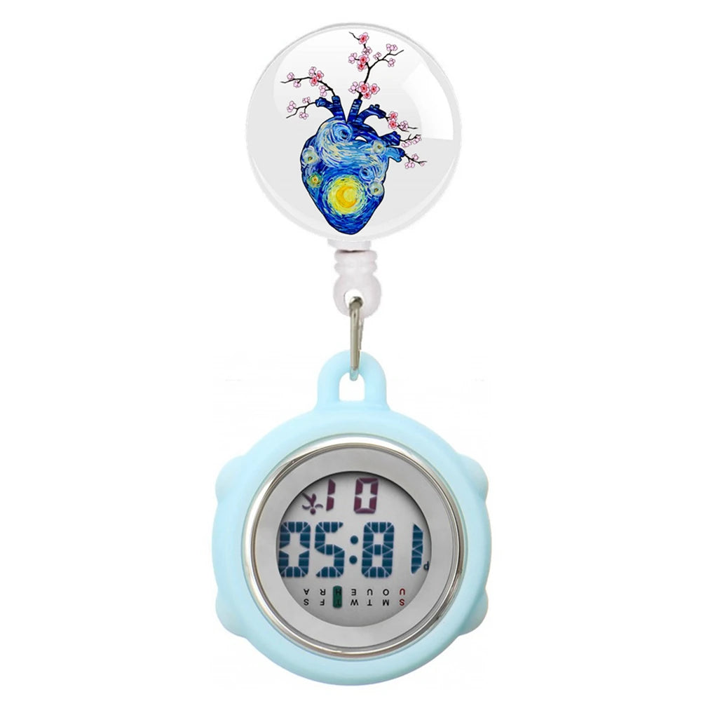 No-EN-Name-Null Waterproof Black Plastic Round Cover Glass Face Digital Display Retractable Printed Floral Anatomical Designs Nurse-Doctor Hanging Metal Alloy Fob Pocket Watches/Colors-Black/White/Pink/Blue