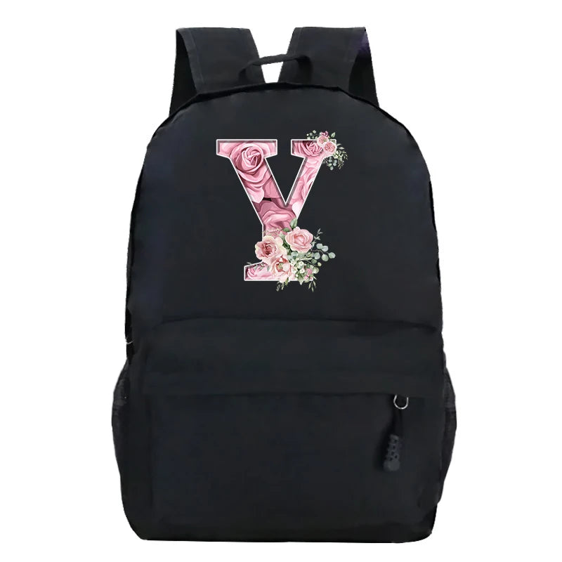 No-EN-Name-Null Waterproof Large Black Softback Nylon Fabric Printed Floral Pink Rose First Name Initial Letter Curved Back Zipper Canvas Lining Built-In Laptop Compartment Shoulder Straps-Handle Zippered External Pockets School Backpacks