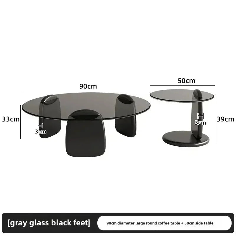 No-EN-Name-Null 2 PCS Modern Brown-Gray Thick High Tempered Glass Round Shaped Tops Solid Oak Rubberwood Three-Legged Design Coffee Table Sets/Easy To Clean/Colors-Gray Glass Tops/Brown Glass Tops