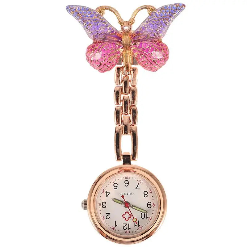 No-EN-Name-Null Adults Metal Alloy Round Shaped Digital Quartz White Face Black Numbers Butterfly-Flower Floral Styles Hanging Locked Pin-On Lapel Nurses Fob Pocket Watches