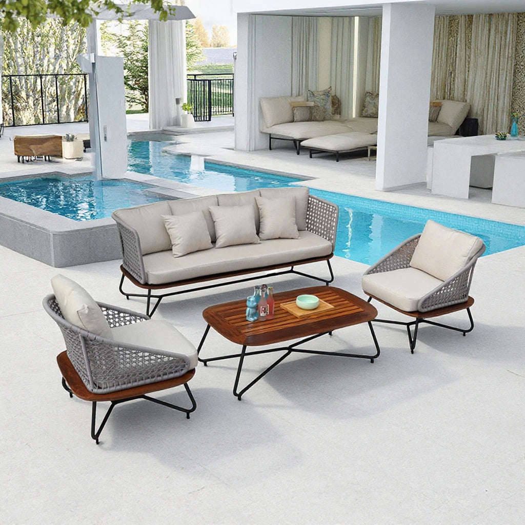 No-EN-Name-Null Outdoor Waterproof Beige Cushions Brown Solid Pineapple Wood Sitting Board Light Gray Plastic Mesh Backrest Black Aluminum Metal Base Patio Sofa Sets/ 2 Solid Wood Sitting Board Chairs/  1 Solid Wood Sitting Board Coffee Table