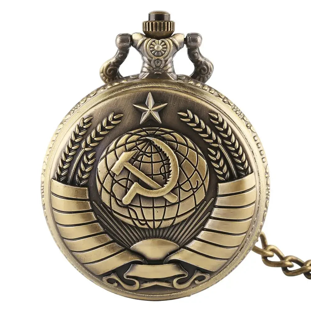 Unisex Antique Quartz Plastic Mirrored Round Acrylic Dial Digital Display USSR Soviet Badges Sickle Hammer Bronze Metal Pocket Watch-Bronze Pendant Chain