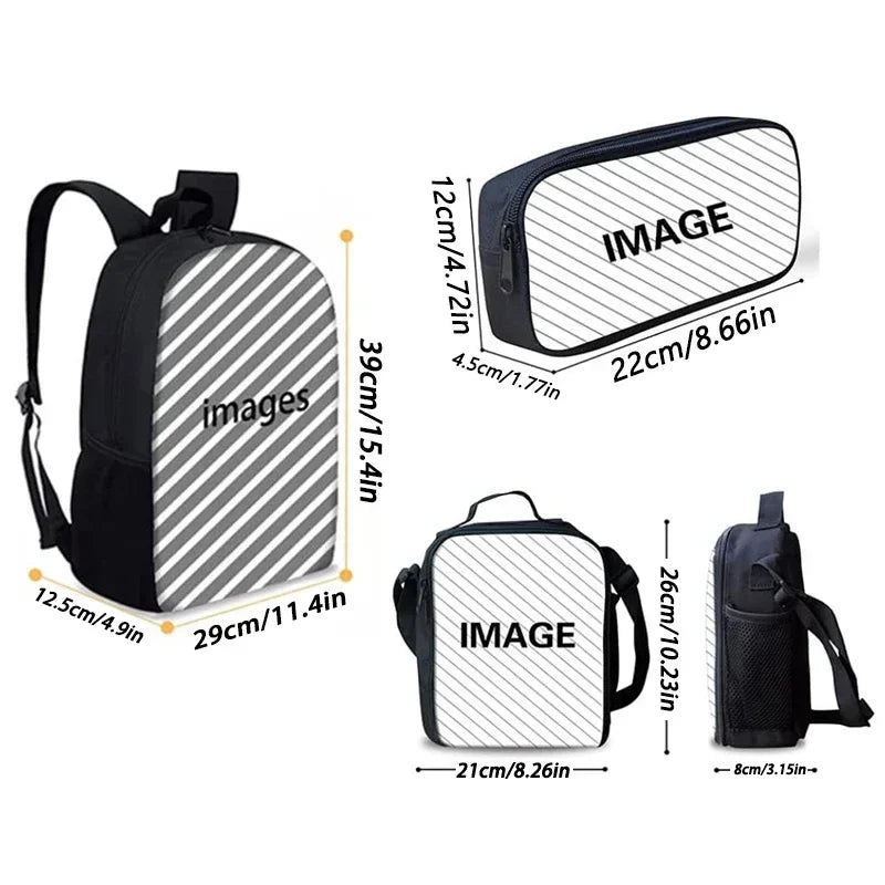 MINISO 3 PCS Waterproof Curved Back Nylon Fabric Cartoon Smiling Critters Super Hero Adjustable Straps-One Handle School Backpacks /Lunch Bags/Pencil Bag/Tablet Inserting Pocket/Water Bottle Pocket/Colors-Red/Black/Purple/Multicolor