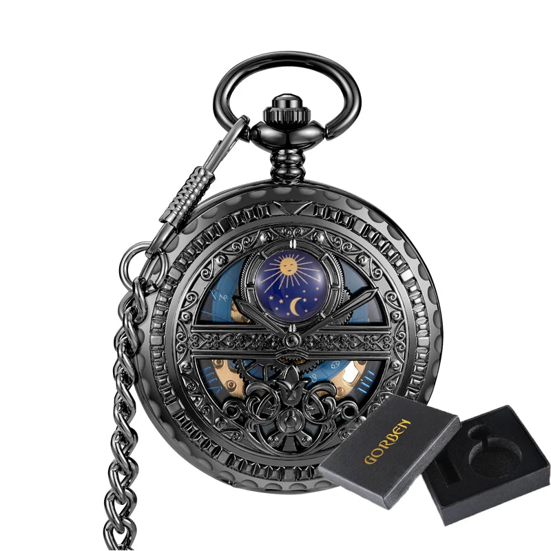 GORBEN Adults Mechanical Hand-Winding Glass Face Black-Sliver-Gold Round Stainless Steel Metal Case Analog Display Hollow-Out Skeleton Dial Blue Night Sky-Half Moon-Stars-Sun Design Analog Display Chain-Pocket Watches/With Box-Without Box