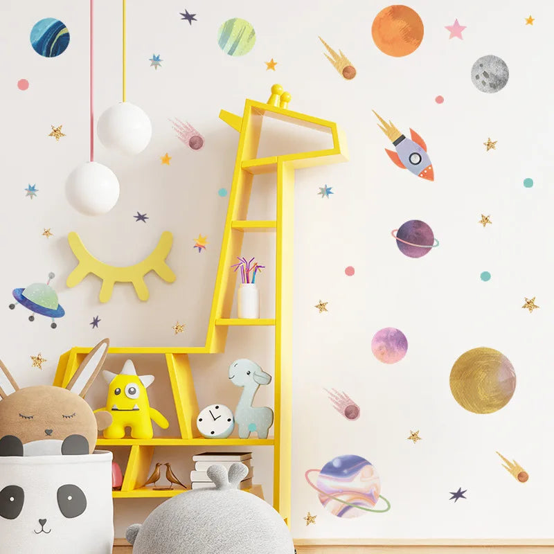 HEATBOYWADE Kids 4 PCS Creative Multicolor Plastic Self-Adhesive Removable Creative Cartoon Universe Planets Space Home Decor Wall Decals Sets /Colors-Multicolor