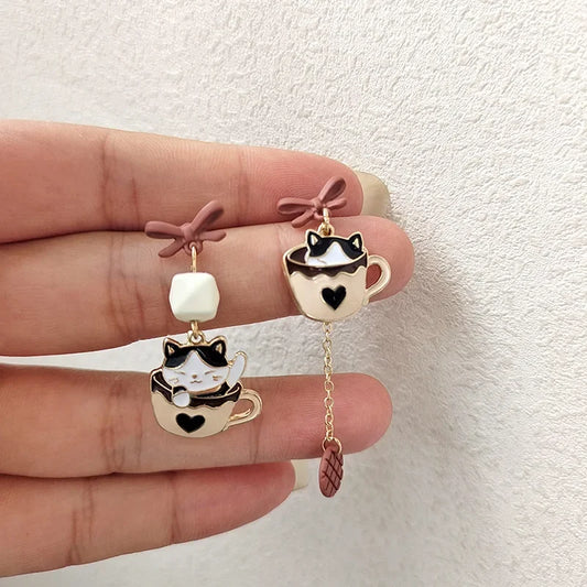 Women-Teen Girls Metal Long Tassel Asymmetrical Enamel Needle Cute Cartoon Cats Coffee-Teacup Dangle Drop Fine Imitation Earrings/Colors-Green/Multicolor/Geometric/Animals