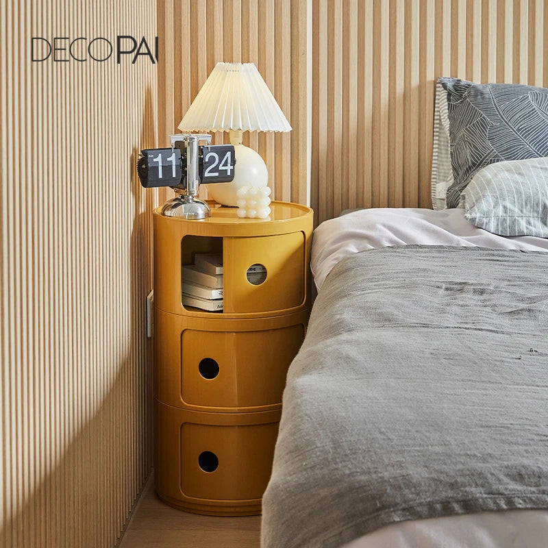 DECOPAI Modern Multicolor Waterproof Tall Plastic Round Shaped Small Narrow Three Sliding Drawers Nightstands /Multicolor