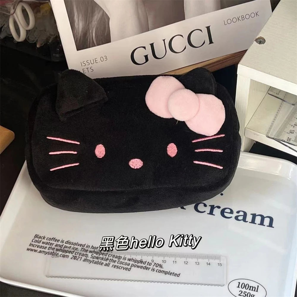 MINISO Lightweight Single Compartment Easy To Install Handle Sanrio Soft Plush White Flannel Fabric Hello Kitty Animal Design Zippered Polyester Lining Make-Up Bags/Colors-Animal/Black/Ivory/White