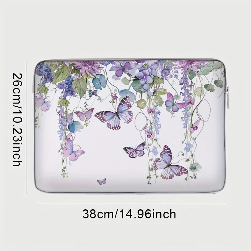 No-EN-Name-Null Modern Rectangle Floral Purple Butterfly Design Polyester Lining Carry Handle Internal Padding Single 14 Inch Laptop Compartment Zippered Bag Briefcases/ Suitable for 14 inch Laptops/With Handle/Without Handle