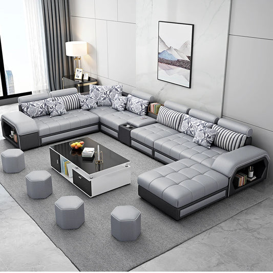 MINGDIBAO Modern U-Shape Medium Soft Firmness Fabric Sectional Sofa Sets/ Size: 240 x 400 x 80cm/ USB Port/Storage/4 Stools/Colors-Blue/Black/Khaki/Grey