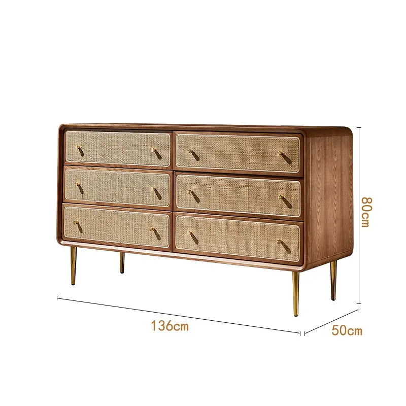 Brown Kitchen Storage Rattan Wood Sideboard w /Drawers/Doors