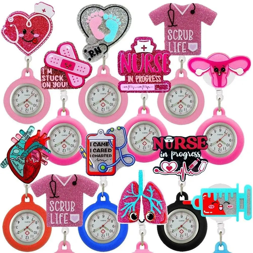 No-EN-Name-Null Adults Digital Movement Pink Plastic Round Cover Retractable Cartoon Anime-I'm Stuck On You!-2 Pink Band-Aid White Watch Face Arabic Numeral Nurse-Doctor Metal Fob Watch Brooches-Lapel Pins/ Colors-Pink/Black/Blue/Red/White/Multicolor/Dots