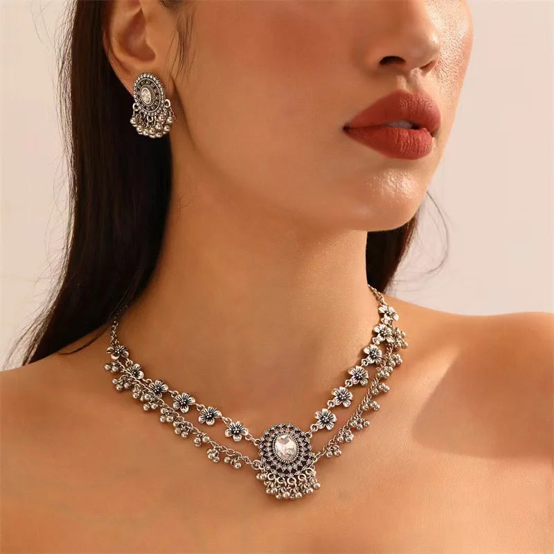 No-EN-Name-Null Women Imitation Geometric Ethnic Small Crystal Beads Decorative Floral Metal Alloy Necklace-Earrings Jewelry Set/Colors-Gold/Silver/Floral/Geometric