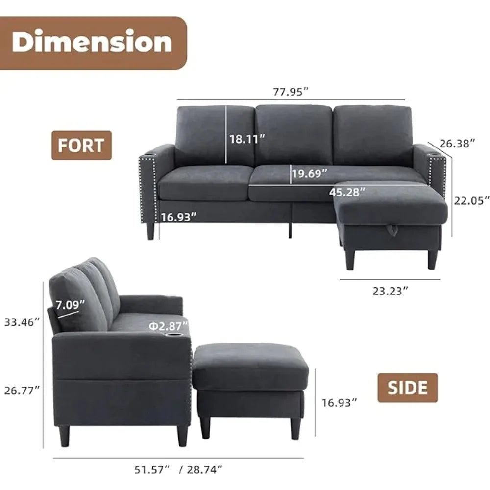 No-EN-Name-Null  Modern Cozy Medium Firm Nail-Head Trim Super-Soft Gray Velvet Fabric Cushions Right Face Two Cup Holders Side Storage Pockets Removable Ottoman L-Shaped Small Sectional Sofas