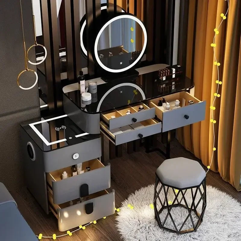 Modern Style White Adjustable LED Smart Touch-Controlled Lighted Round Mirror Black Tempered Glass Countertop Solid Pine Wood Draws Make-Up Vanities /2 USB Wireless Ports /Bluetooth Speakers/Colors-Black/Gray/White