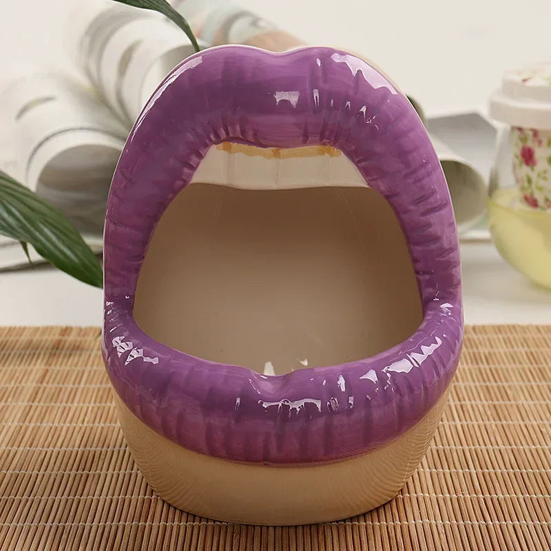 No-EN-Name-Null Cute Cartoon Ceramic Realistic Red Lips Shaped Cigarette Ashtrays/Colors-Purple/Red/Pink