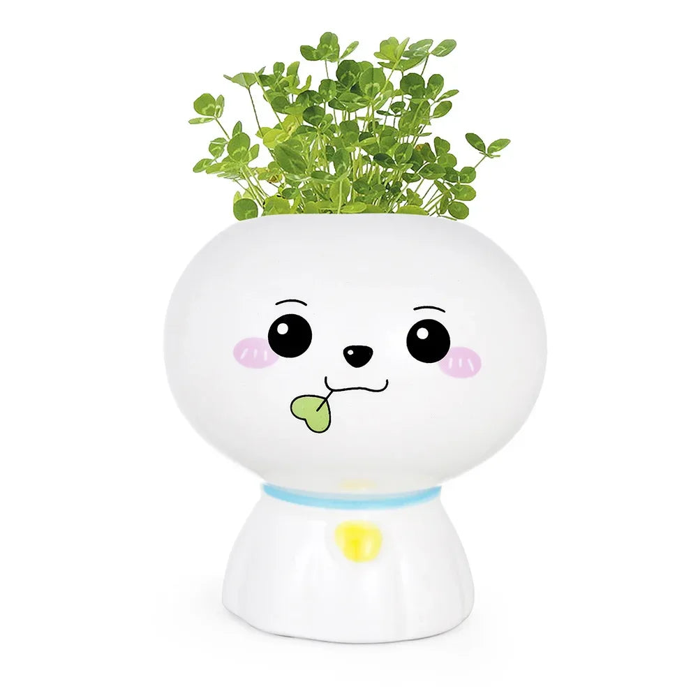 No-EN-Name-Null Indoor Mini Unglazed Ceramic White Cute Cartoon Doll Face Design Desktop Succulent Flower Pots Planters /Colors-White/Black/Yellow/Pink/Green