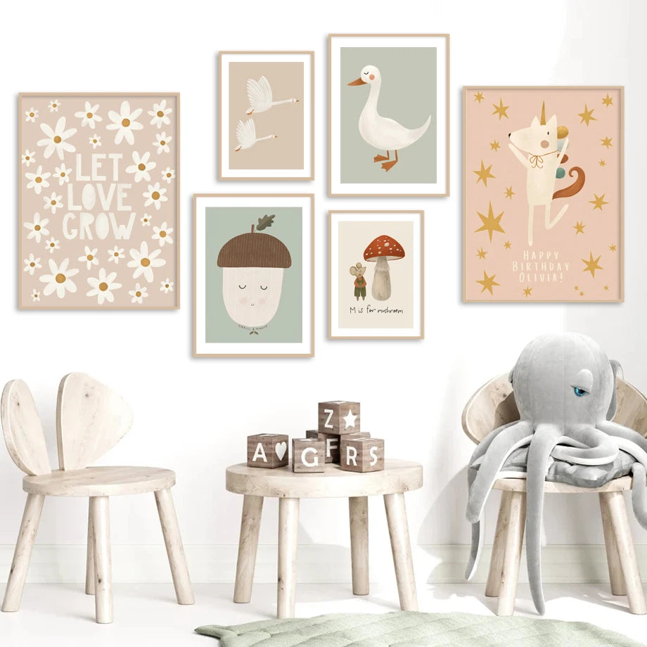 No-EN-Name-Null Retro Unframed Waterproof Ink Nature Cartoon Animals Canvas Rectangle Wall Art Prints /Color- Multicolor