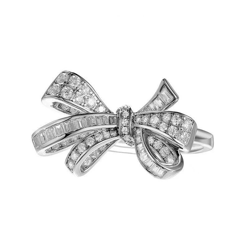 Follow-Cloud Adult Women Fine Sterling Silver 18K Gold-Plated Bowknot Shaped Cubic Zircon Clear White Shiny Imitation Diamonds Gemstones Prong Wedding Band Rings