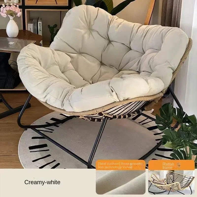 No-EN-Name-Null  Modern Indoor One Person Soft Upholstered Padded Bird Nest Thick Linen Multicolor Cushions Rattan Seat Bottom Black Metal Frame Reclining Rocking Chairs/Colors- Gray/Beige/Black/Brown/Multicolor