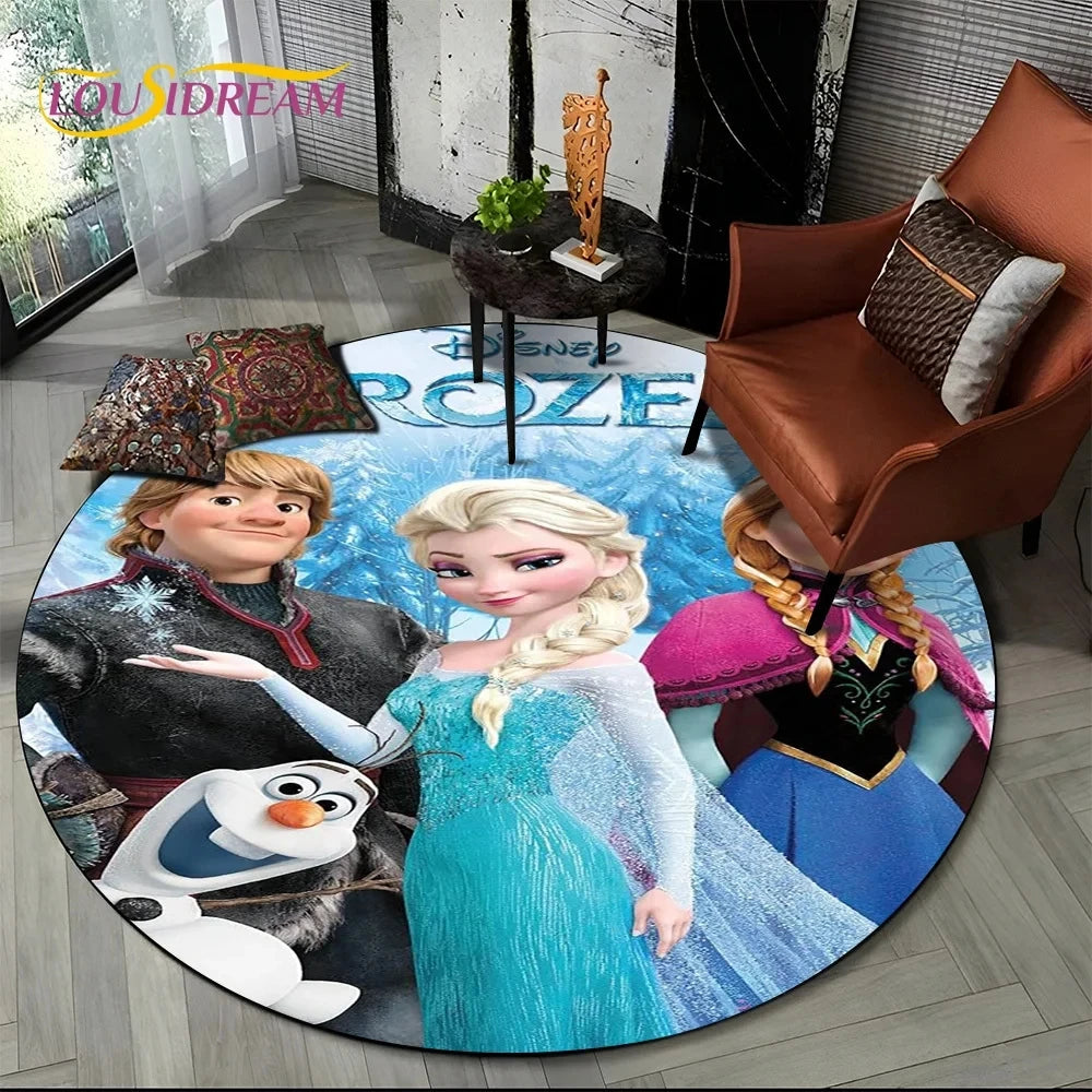 MINISO Indoor-Outdoor Kids Blue Background Round Shaped DISNEY'S Frozen II Movie Cartoon Anime Princess Elsa-Anna-Olaf Design Skid-Proof Bottom Polyester-Flannel Rugs/Colors-Blue/Red/Black/White