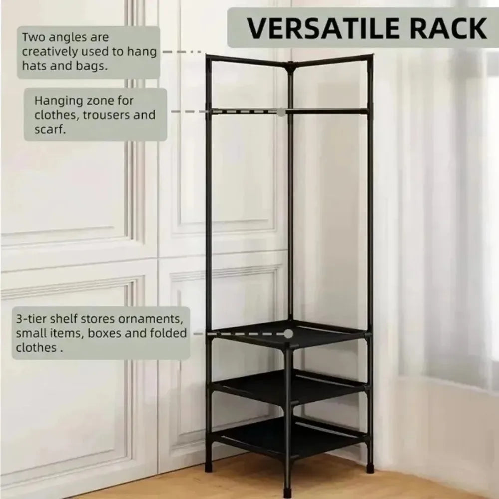 NULL Modern Black-White Hard Sturdy Plastic Tube Frame Non-Toppling Hanging Rod Top 2-3 Layer Shelves On Bottom Floor-Standing Foldable Corner Clothes Garment Racks