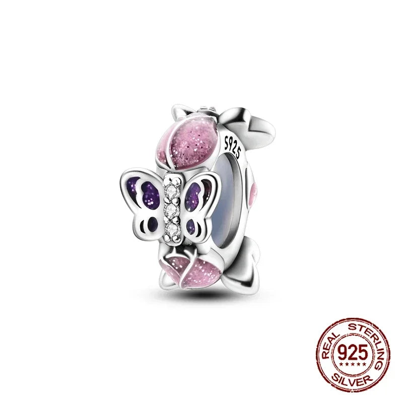 No-EN-Name-Null Women Sterling Silver Enamel Rainbow-Hot Air Balloon Design Fine Imitation Zircon Stone Glass Nuggets Beads Shaped Charms-Pendants/ Colors-Rainbow/Multicolor/Silver/Pink/Animal/Floral