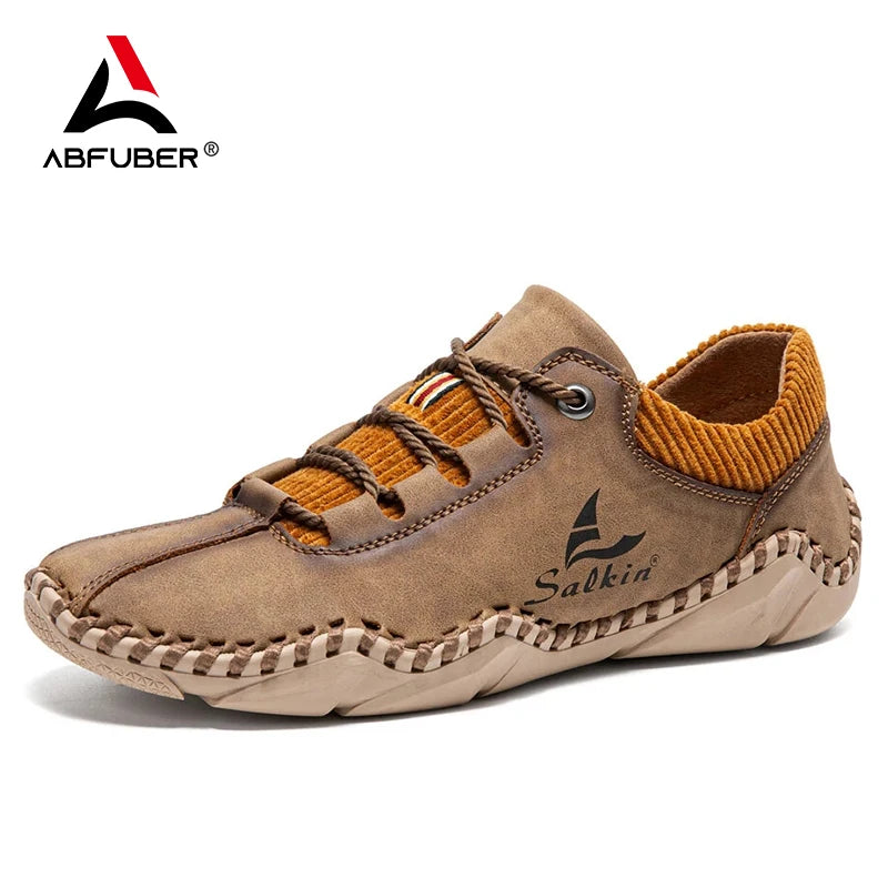 ABFUBER Men Spring-Autumn Brown Handmade Round Toe Lace-Up Breathable Split Leather Moccasins Massage Rubber Outsole Cushioned Flat Loafers /Colors-Brown/Green/Black