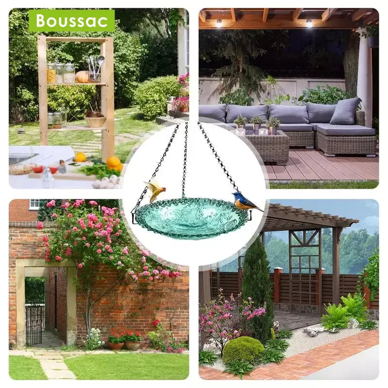 No-EN-Name-Null Outdoor Garden Hanging Black Chains Blue-Green Plastic Floral Design Bowl Bird Feeders/ Or Bird Baths