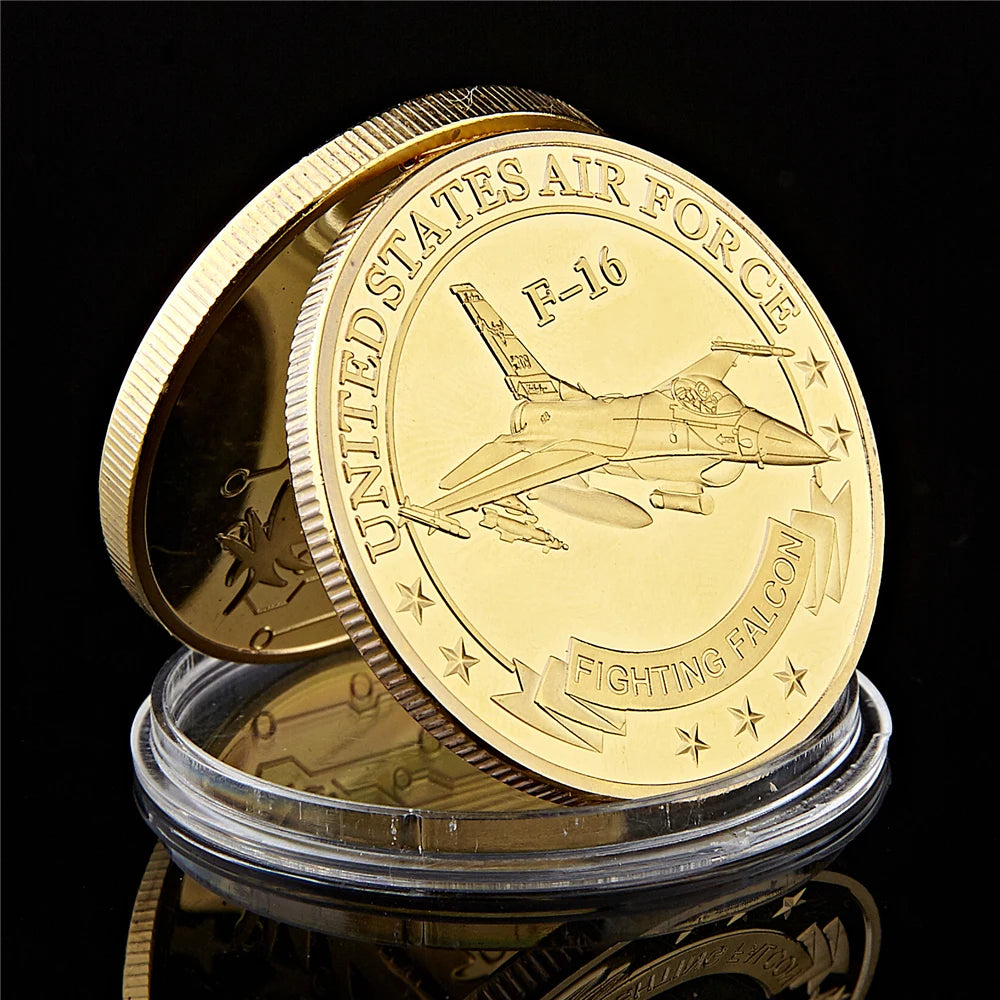 SMJY Uncirculated Mint Red-White-Blue American Gold-Silver Coins US F-16 Fighting Falcon Military USA Air Force United States-China Commemorative Coins/Colors-Silver/Gold/Multicolor/Red/White/Blue