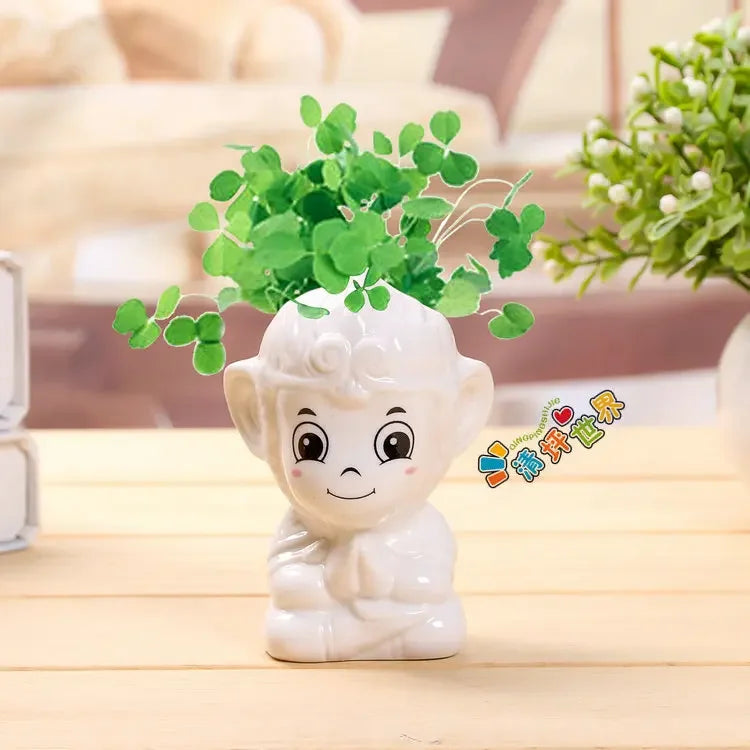 No-EN-Name-Null Indoor Mini Unglazed Ceramic White Cute Cartoon Doll Face Design Desktop Succulent Flower Pots Planters /Colors-White/Black/Yellow/Pink/Green