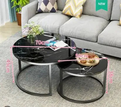 TIEHO Modern 2-In-1 Combination Cafe Black Round Shaped Tempered Glass Tabletop White Iron Metal Frame Base Nesting Coffee Table Sets
