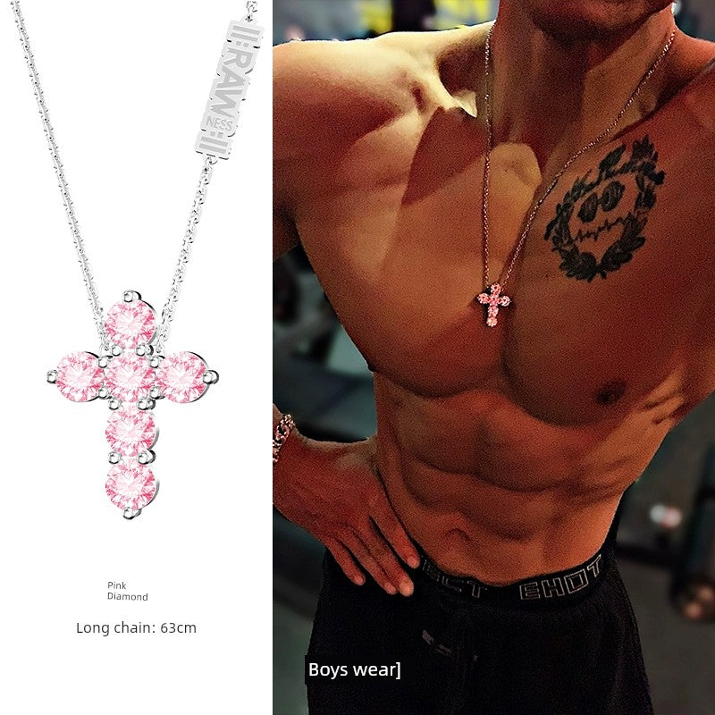 RAWNESS Unisex Couple's Fine Imitation Titanium Steel Metal Gold-Plated BIG Inlaid Artificial Gemstones Multicolor-Clear White Shiny Diamond-Like Moissanite Stones Cross Pendant Chain Hip Hop Necklaces/Colors-Gold/Sliver/Pink/Blue/Clear/White