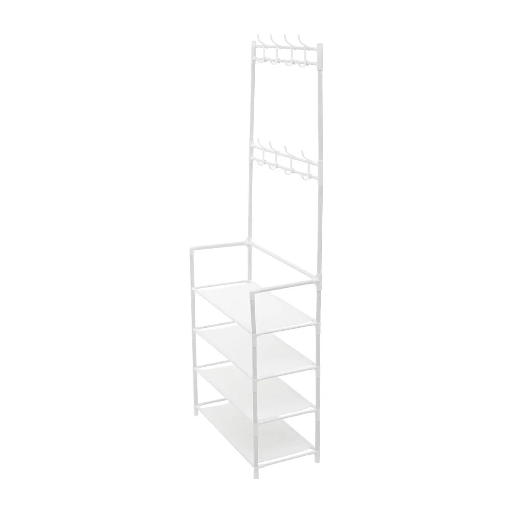 LIVING-HOME Entryway White Metal Frame Four Fabric Shelves Shoes-8 Coat Hooks Stands Storage Cabinets-Lockers /Dimensions: 60cm W x 28cm D x 158cm H