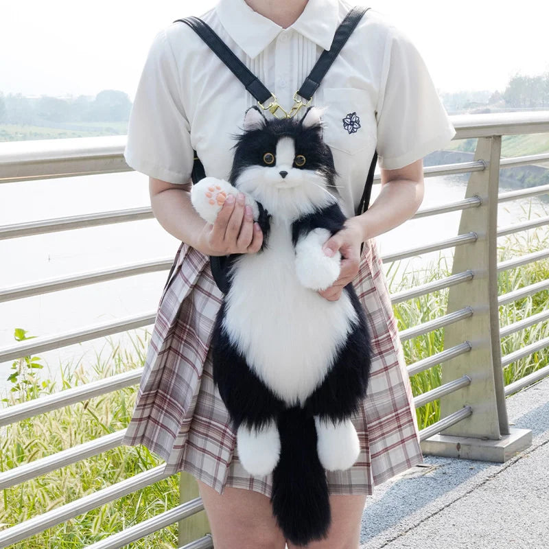 No-EN-Name-Null  Unisex Lightweight Softback Cute Soft Plush Black-White Cat Ragdoll Shaped Design Metal Zippers Polyester Lining Cotton Fabric Two Adjustable Shoulder Straps-Handle School Backpacks/Adjustable Sizes
