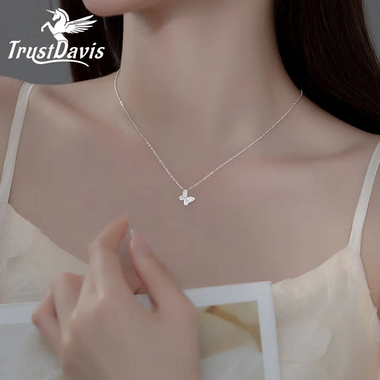 TrustDavis Girls Real 925 Sterling Silver Necklace Butterfly Heart Pendant Birthday Gift for Women Daughter Jewelry DS4036