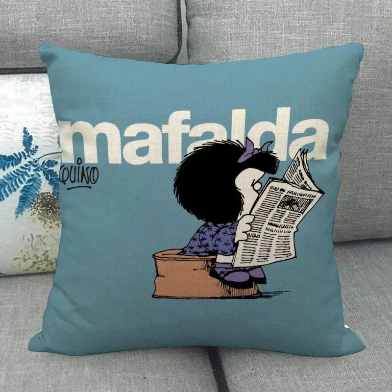 No-EN-Name-Null Customized Multicolor Square Machine Washable Soft Linen-Cotton Fabric Printed Mafalda Pillowcases/ Sizes: 45X45(One Sided)/Colors-Red/Purple/Beige/White/Pink/Blue/Black/Floral/Multicolor