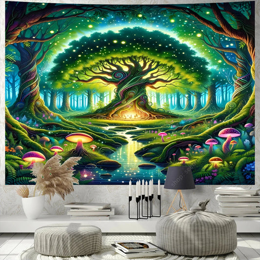 Colorful Green Forest Red Mushrooms Water Flowing Printed Polyester Woven Garden Of Eden Nature Tree Of Life Wall Hanging Tapestries
