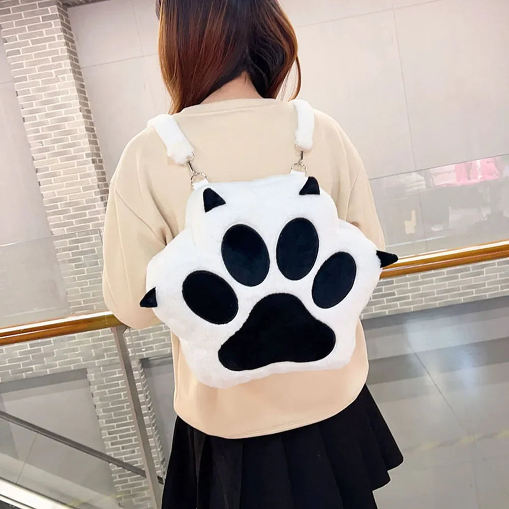 SHUNMAII Women Softback Black-White Polyester Fabric Cute Cartoon Soft Furry Cat Paw Design External Pockets Nylon Lining Zippers Adjustable Straps Slit Pockets School Backpacks