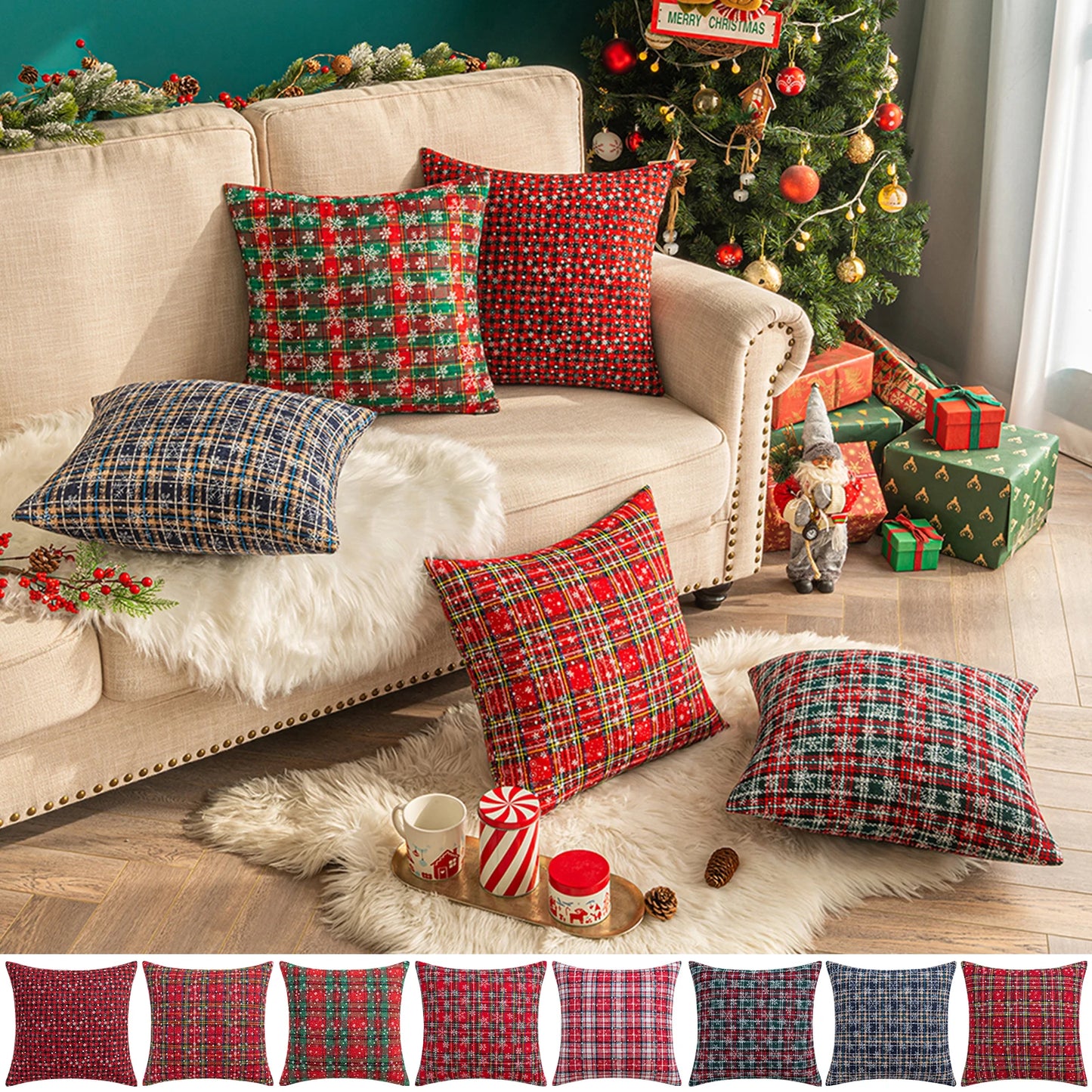 No-EN-Name-Null Printed Christmas Snowflake Elements Square Shaped Machine Washable Polyester-Cotton Blend Knit Woven Plaided Scottish Tartan Traditional Zippered Closure Pillowcases-Shams COVERS