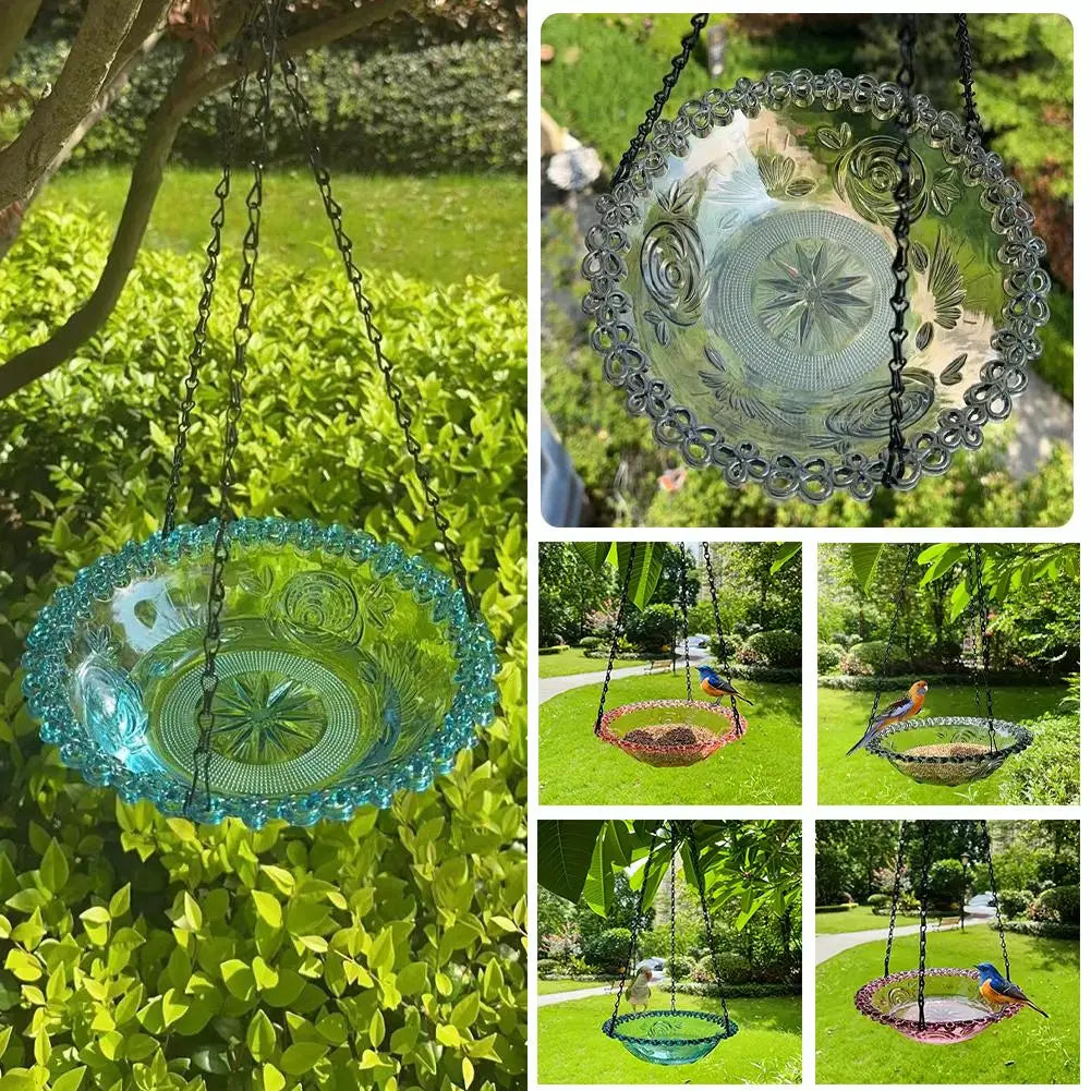 No-EN-Name-Null Outdoor Garden Waterproof Black Metal Chains Hanging Plastic Clear Green Water Basin Decorative Floral Design Bowl-Bird Feeders/Colors-Clear/Green/Blue/Red/Pink/Black/Floral/Animal