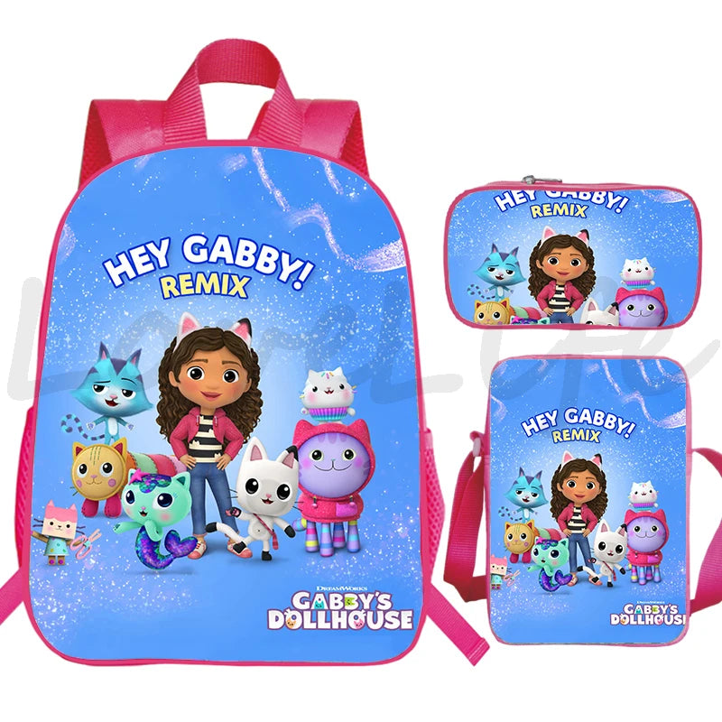 JUNBIE Kids Waterproof Pink Nylon Fabric Cute Cartoon Gabby's Dollhouse Design Zippers Curve Back Shoulder Straps-Handle Built-In Laptop Compartment External Pockets Backpacks/Colors-Pink/Multicolor