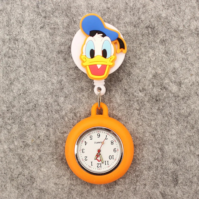 MINISO Adults Waterproof Quartz Round Red-Black Rubber Cover Metal Acrylic Case-Face Arabic Numeral Cute Cartoon Couples Minnie-Mickey Mouse-Daffy-Daisy Duck Clip-On Fob Pocket Watches/Colors-Gray/Orange/Gold/Green/Pink/Black/Brown/Blue