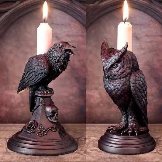 WHISM Classic Halloween Black Gothic Crow-Owl Bird Shaped Resin Candlestick Holder